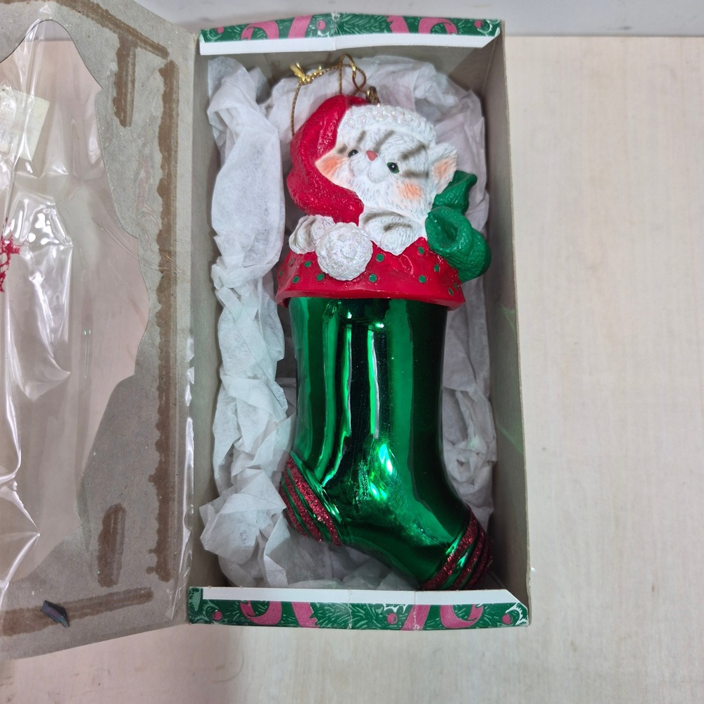 Old World Christmas Cat in Stocking Glass Ornament Green Red Tabby Kitten Box